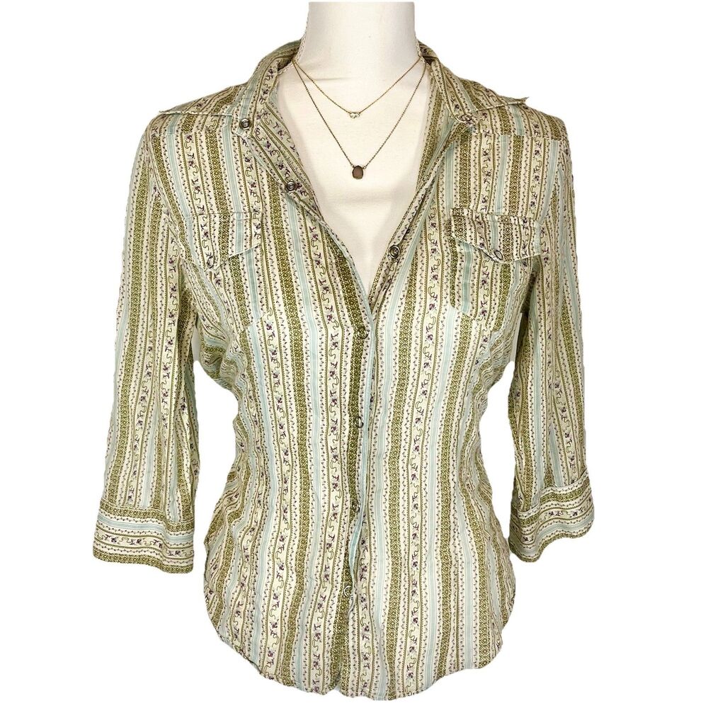 Anthropologie Odille Cottagecore Prairie Stripe Button Up Top Size 6 100% Cotton